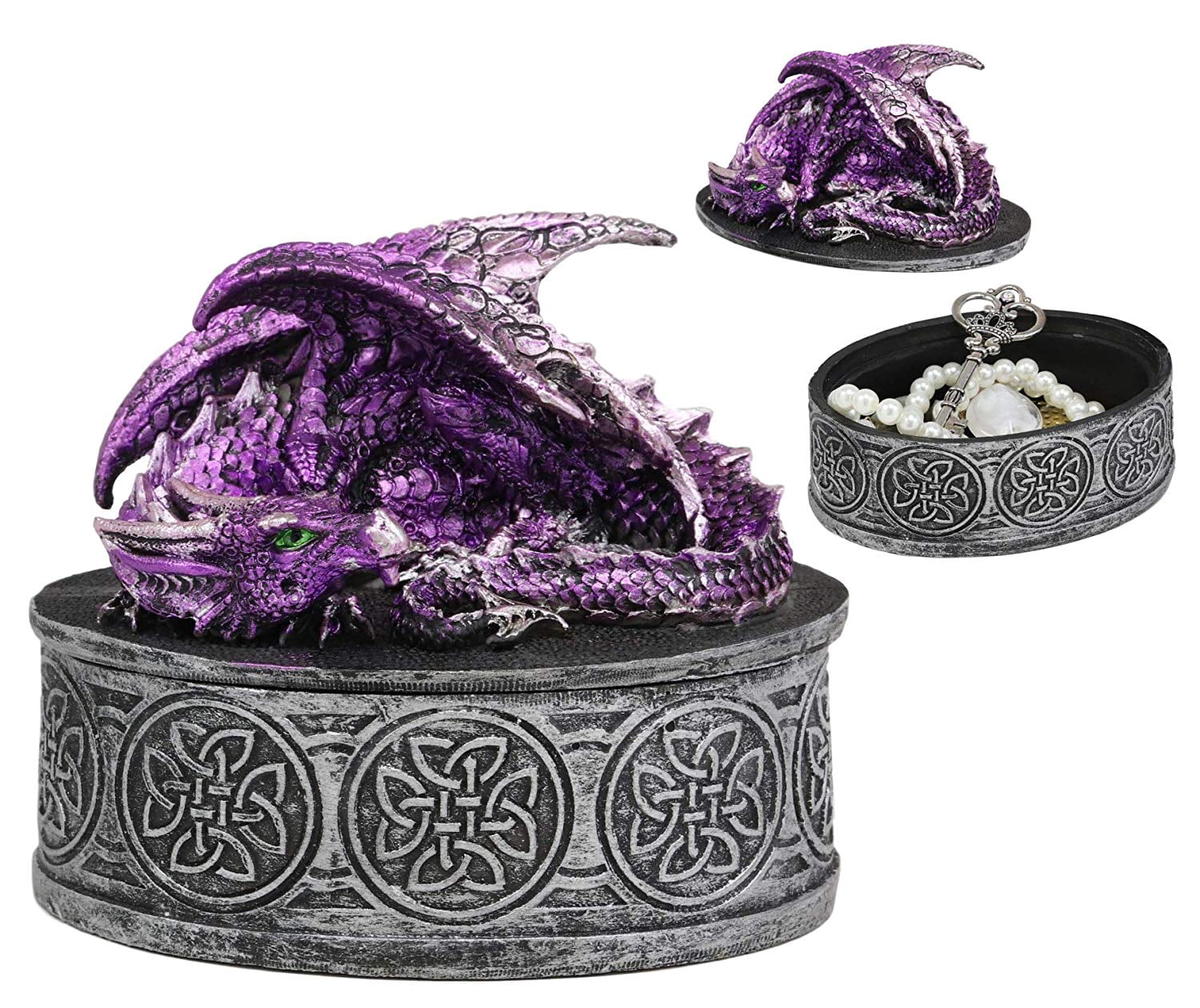 Sleeping Purple Dragon Oval Trinket Jewelry Box Figurine With Celtic Knotwork