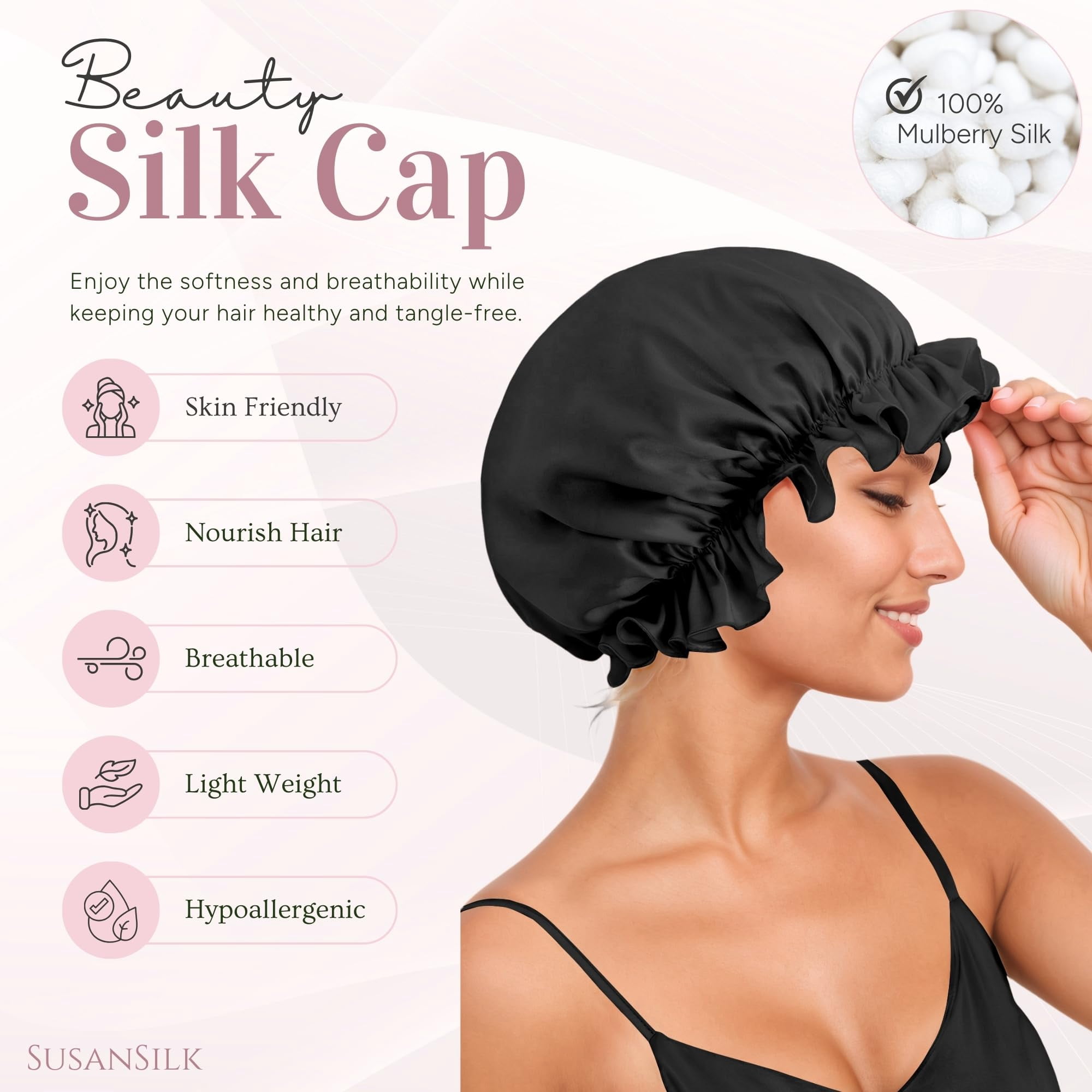 SusanSilk 19 Momme Premium Mulberry Silk Shower Cap with Garnet Flower Design and Adjustable Elastic