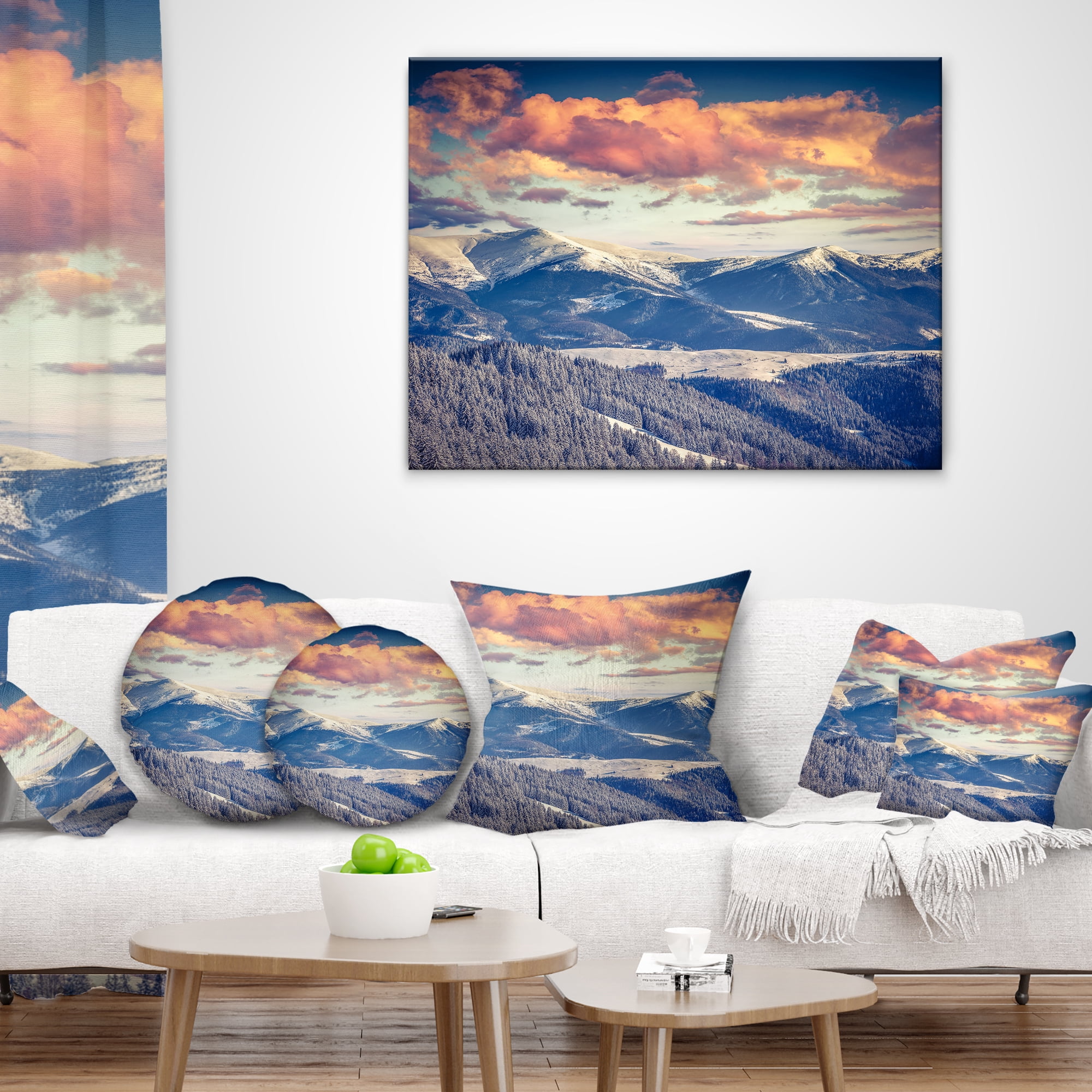 Designart Winter Alpine Sunset over Hills - Landscape Printed Throw Pillow - 16x16