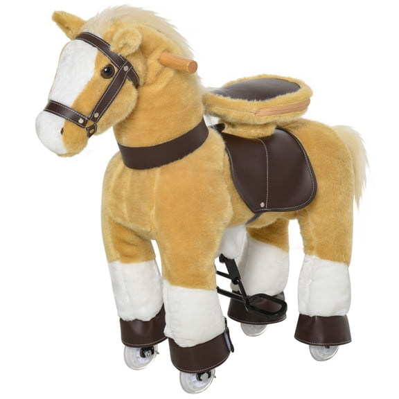 Ride-On Walking Horse Toy, Brown with Easy Rolling Wheels, Soft & Huggable for 3-8 Years, Durable Interactive Play