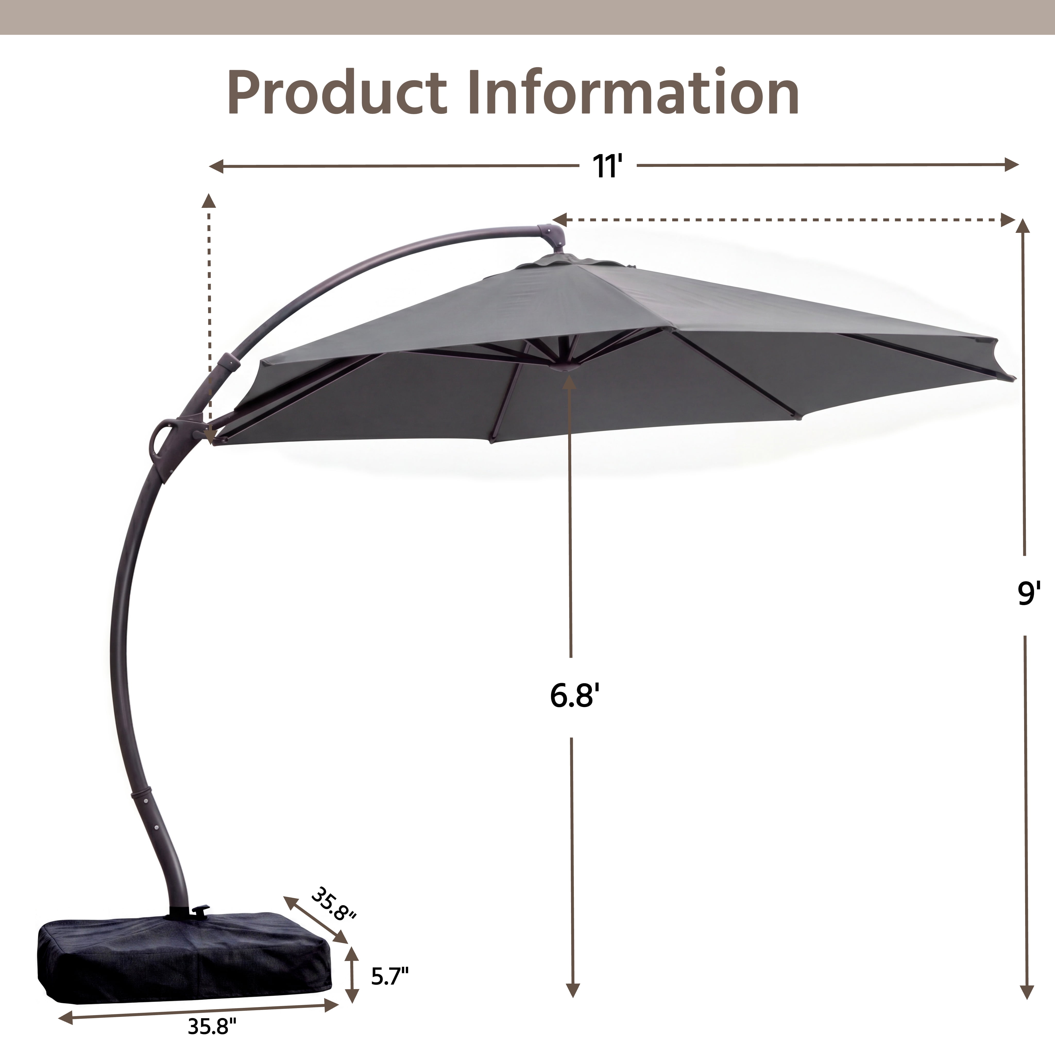 LAUSAINT HOME 11 FT Outdoor Patio Umbrella with Base, Aluminum Cantilever Umbrella with Crank, Gray