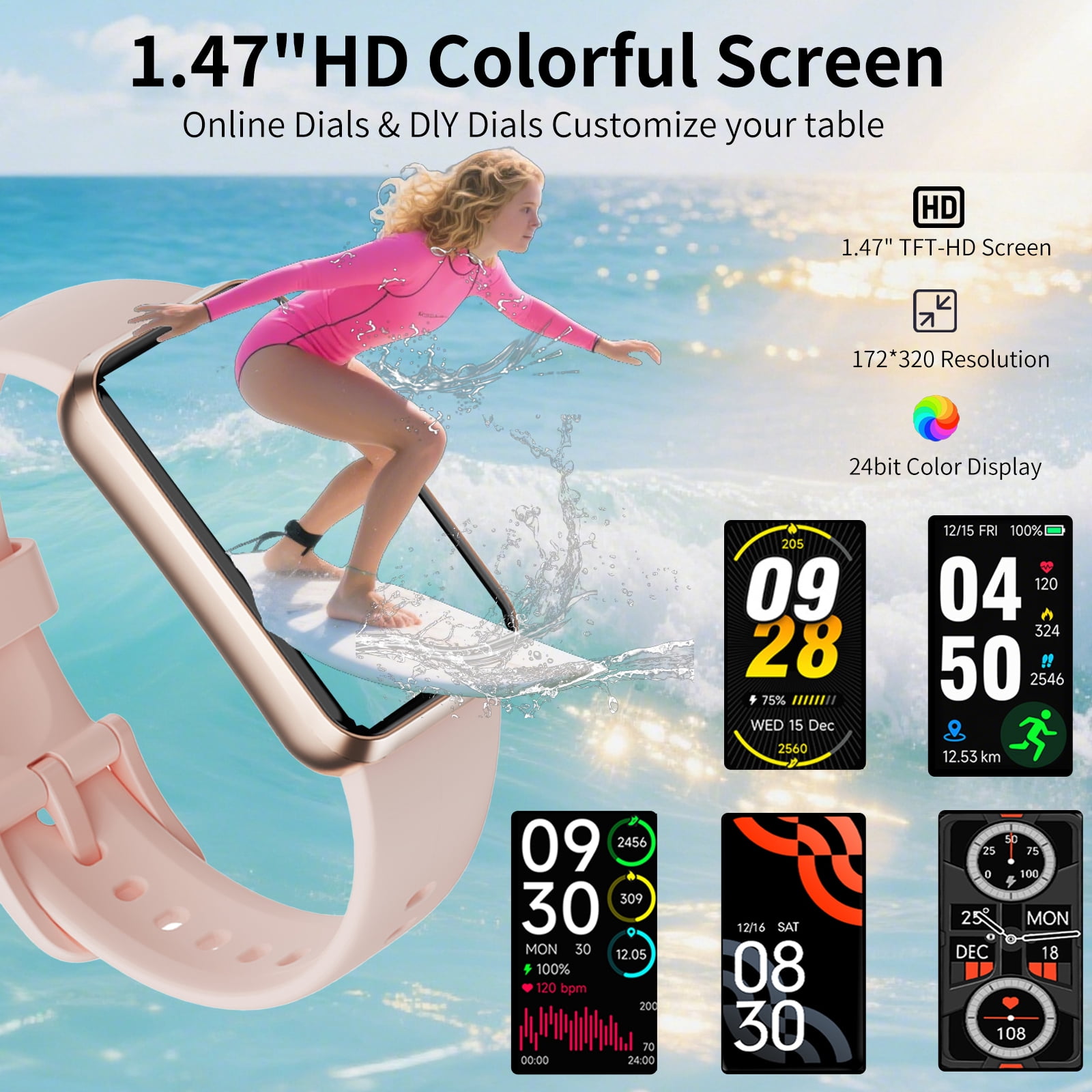 1.47" Fitness Tracker Smartwatch for Women Men with Multiple Sport Modes Step Counter Bluetooth Calls (Make/Answer) IP68 Waterproof, Fitness Tracker Compatible with Android/iOS, for Gifts, Pink