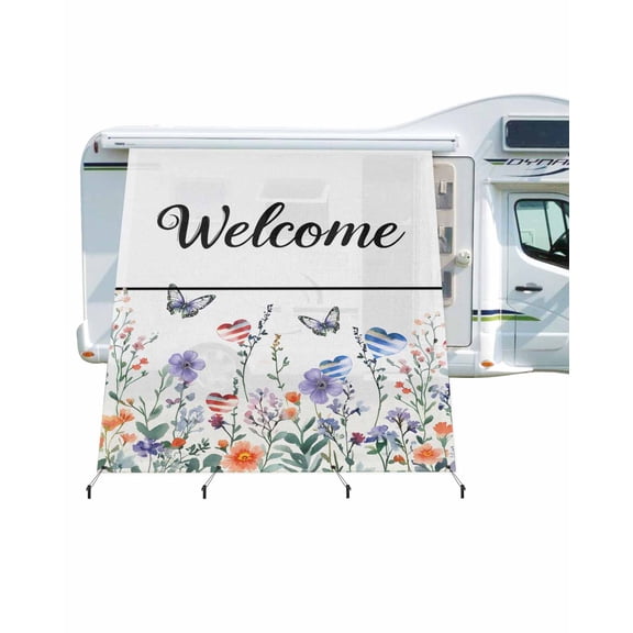 4th of July RV Awning Sun Shade Screen 9'X7' Welcome Patriotic Love Mesh Sunscreen Butterfly Floral Awning Shade Screen with Zipper UV Blocker Completed Kits Outdoor Canopy for RV Motorhome Camper