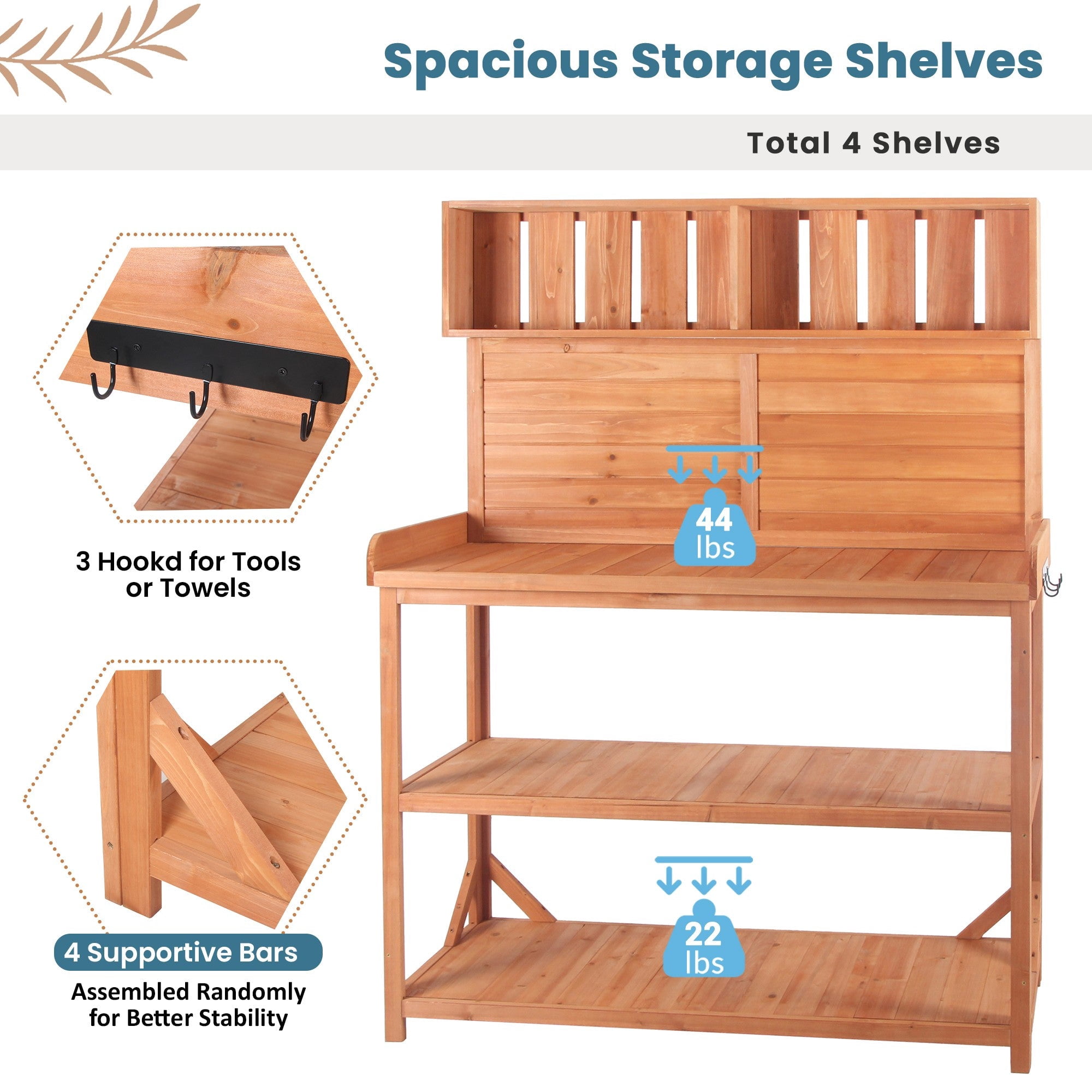 Sailvan 65" Farmhouse Wooden Outdoor Potting Bench Table,Large Patio Kitchen Island Garden Workstation with 4 Shelves and Hooks,Fir Wood Natural