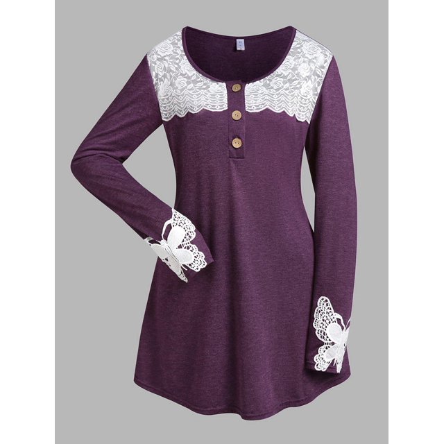 Camiseta con Panel de Mariposa en Talla Extra Rosegal Mangas largas de talla grande