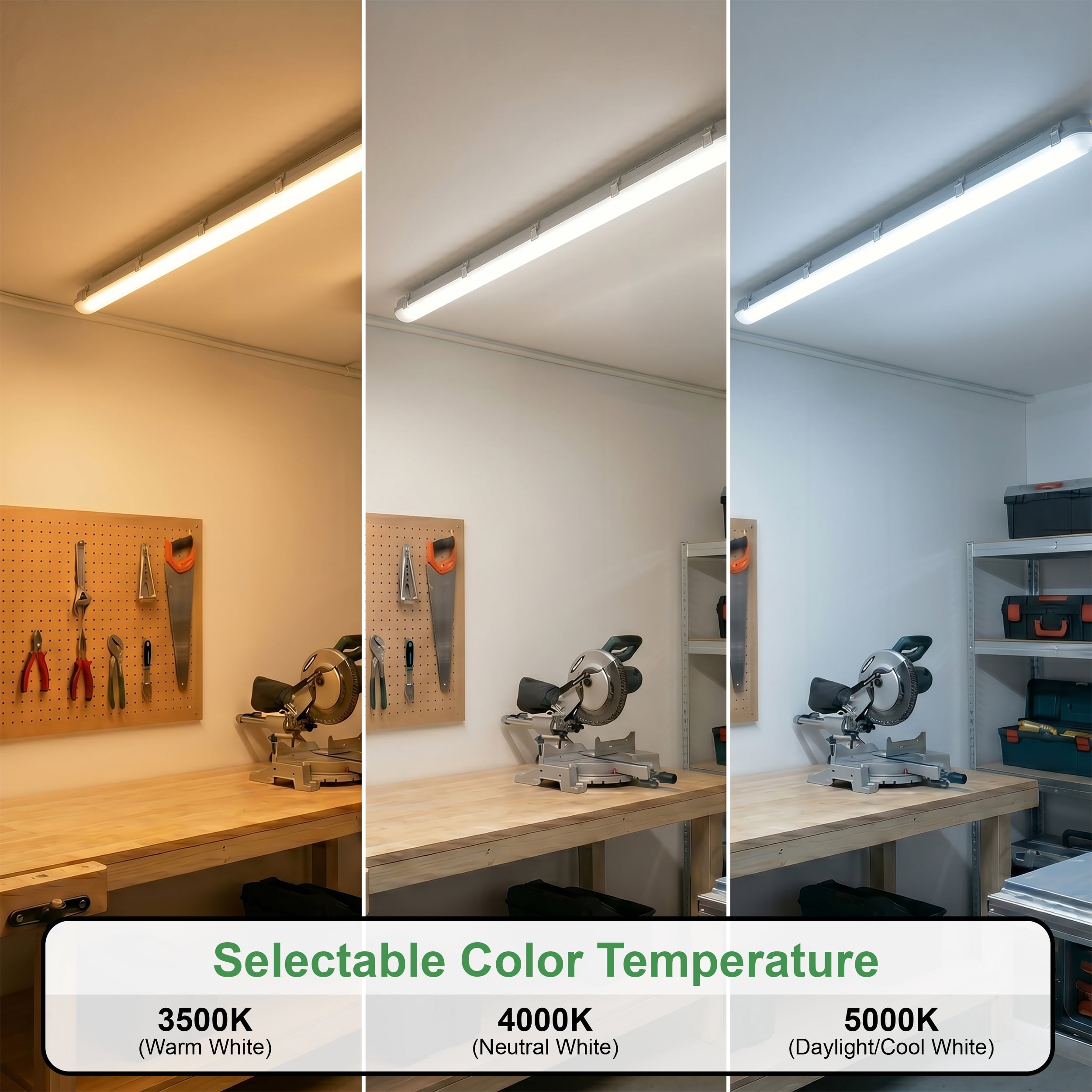 MaxLite 8 ft Vapor Tight LED Fixture, 60/70/85W 3500-5000K, 65W, Damp Rated, Selectable Wattage, Controls Ready, for Stairwell, Garage, White