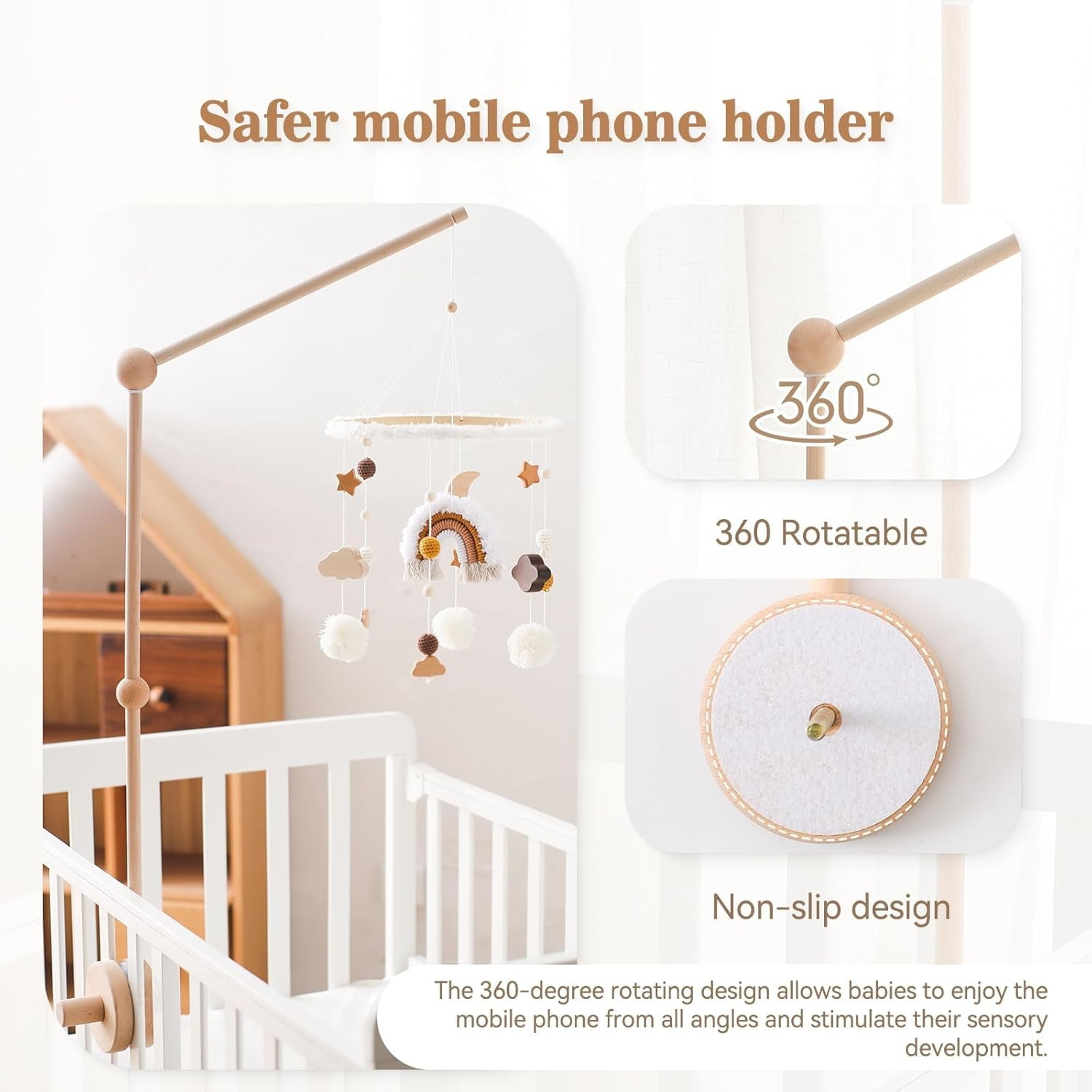 Mobile Baby Mobile Holder Wood Baby Cot Wooden Holder Frame Mobile Wooden Holder Series Gift Idea (Big Size Upgraded Holder)