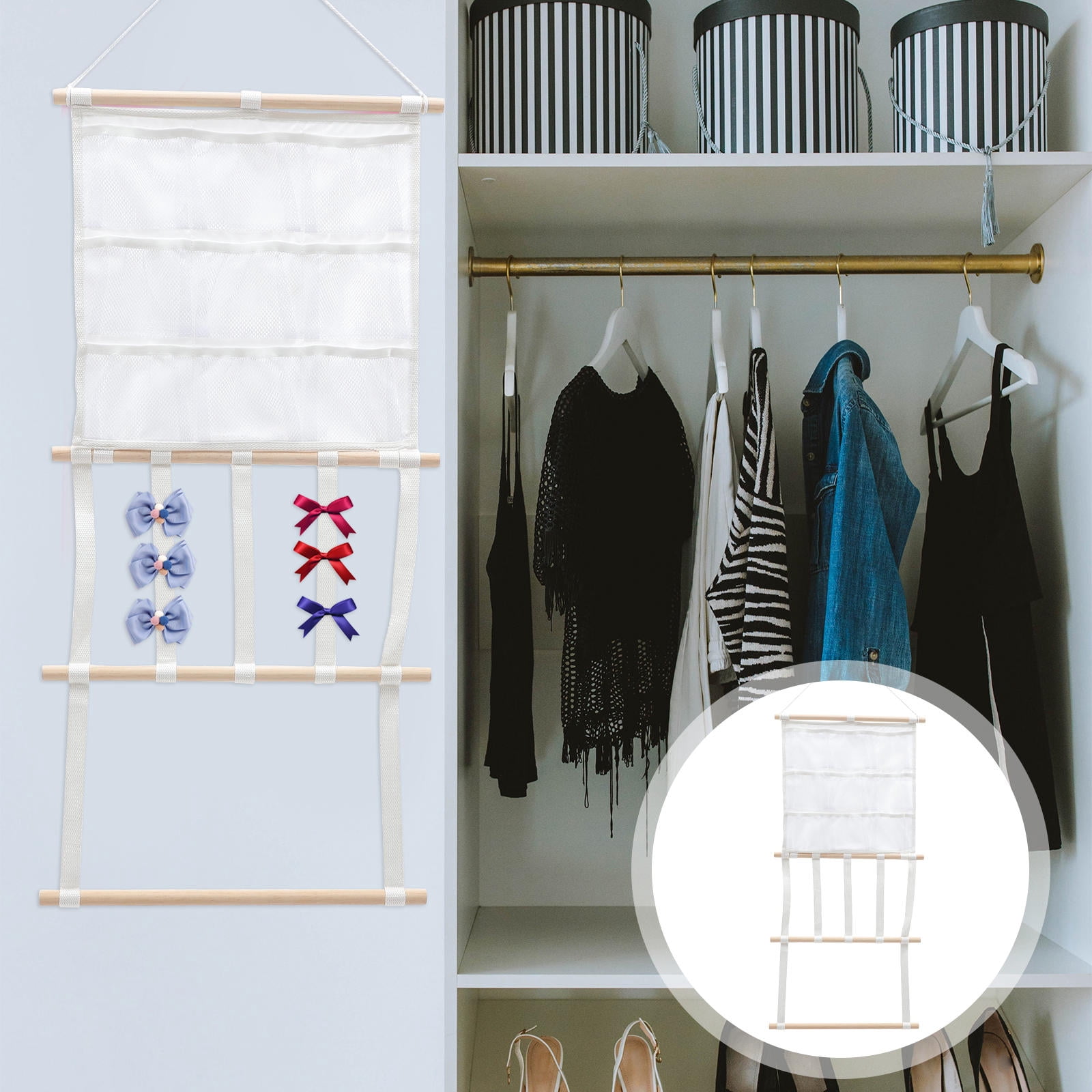 NUOLUX  White Hair Accessories Bag with Wooden Rack for Organizing Hair Clips and Headbands