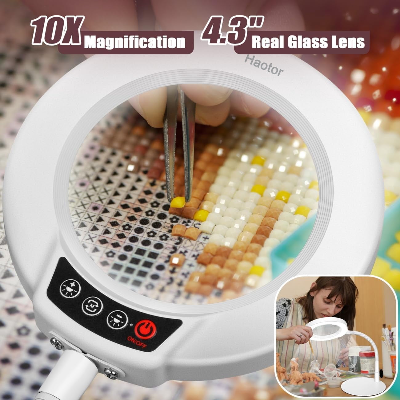 Haotor 4.2-inch Magnifying Glass with Light and Stand with Flexible Goose-Neck - White