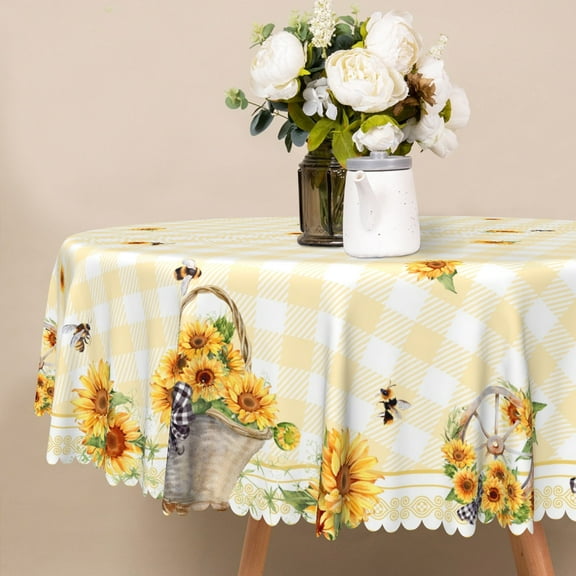 Nanqianyi Sunflower Baskets Round Tablecloth 60 inch, Yellow Plaid Bees Pattern Waterproof Table Cloth Cover for Dinner Party