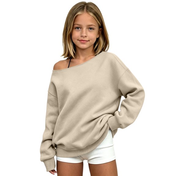 Kiijoy Girls One Shoulder Sweatshirt Fashion Loose Pullover, Beige, Sizes 3-4T