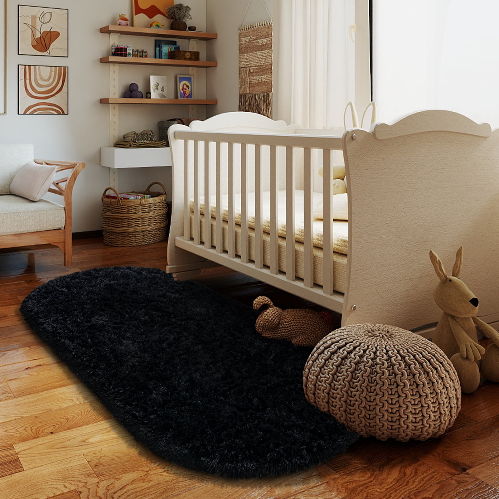 ZENELESS Oval Plush Fluffy Carpets for Living Room, Anti-Skid Fuzzy Comfy Rug for Bedroom, 2.6 x 5.3ft Black