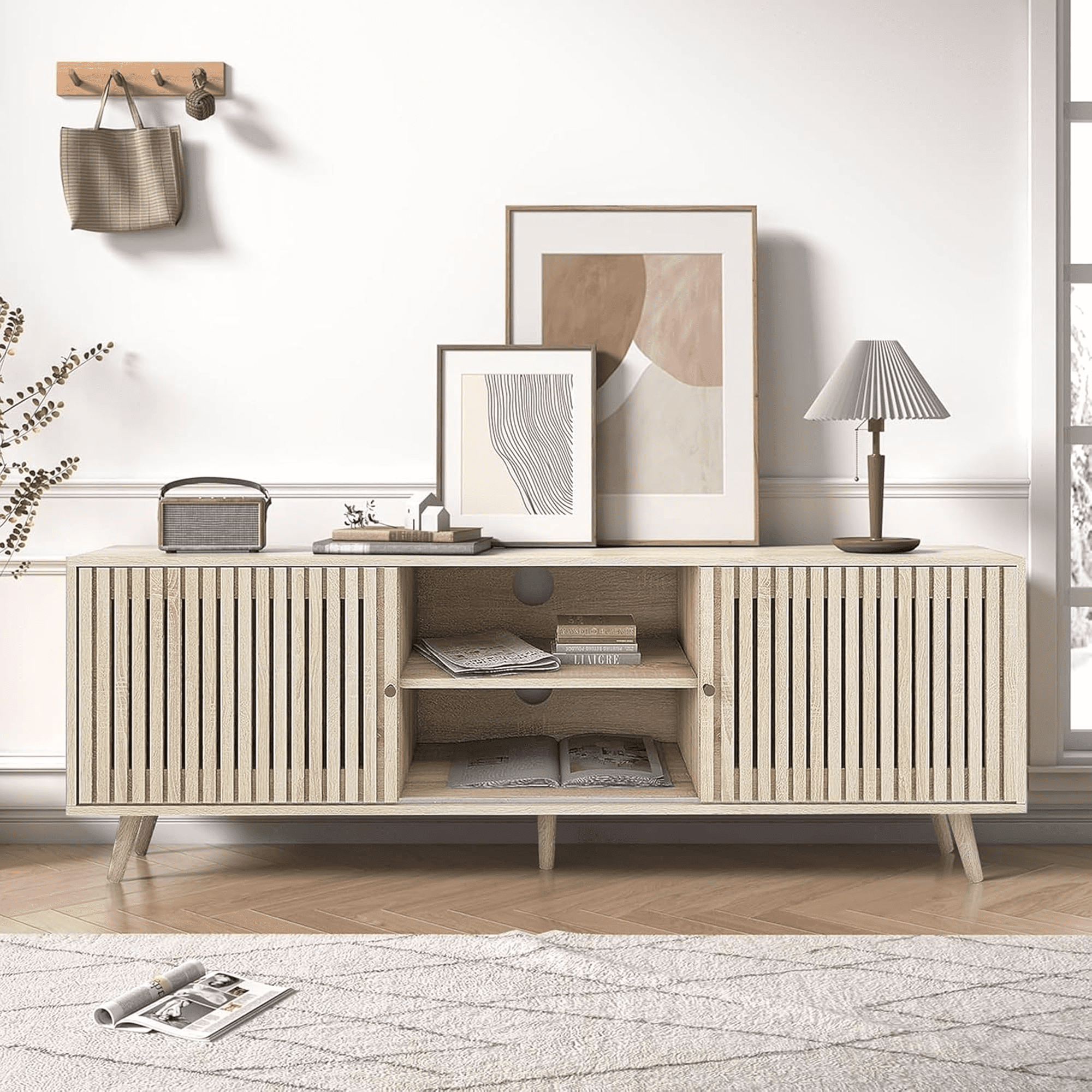 Lisicue Mid-Century Modern TV Stand for TVs up to 70 Inches with Sliding Doors and Storage, Natural