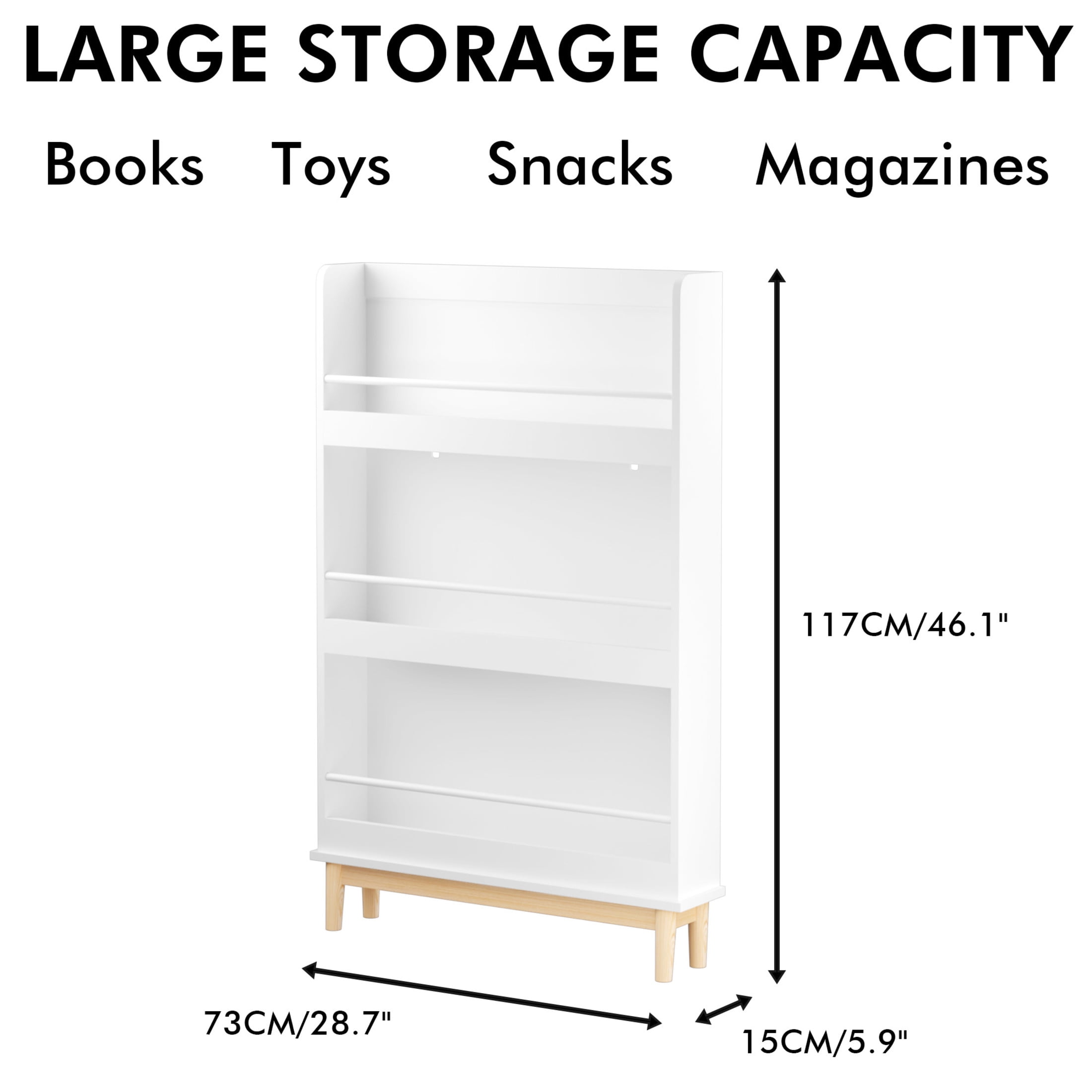Noble House Wall-Mounted Kids Bookshelf with 3 Front-Facing Display Shelves, Book Rack with Natural Wood Base, White