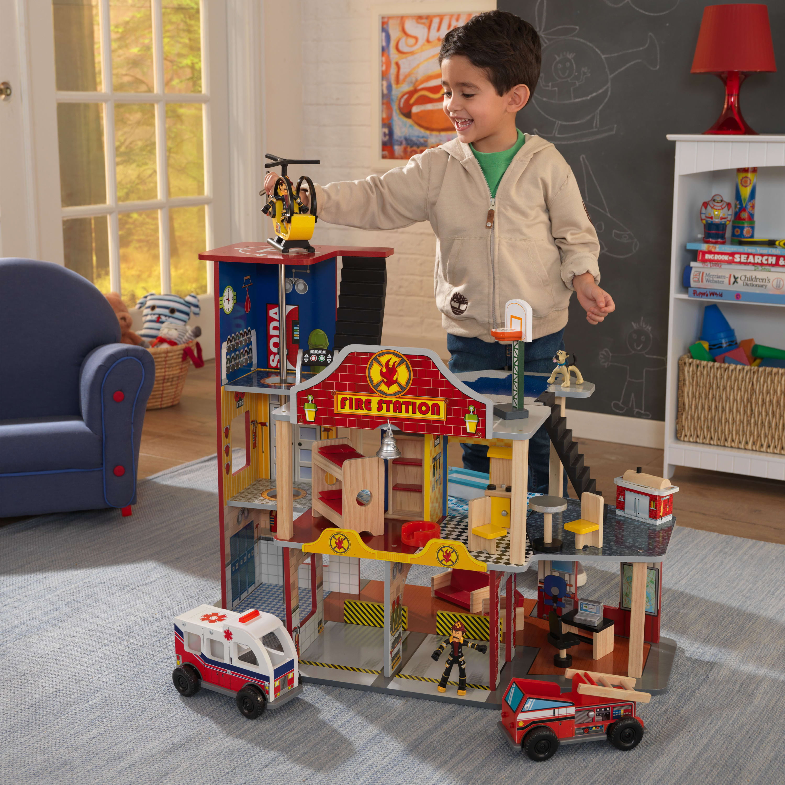 KidKraft Deluxe Wood Rescue Play Set with Ambulance, Fire Truck, Helicopter & 27 Pieces - image 2 of 7