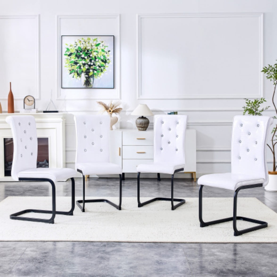 Set of 4 Retro Dining Chairs, Faux Alligator Leather Upholstered Chairs with Crystal Button Details & Black Metal Bow Legs, 400 LBS, White & Black