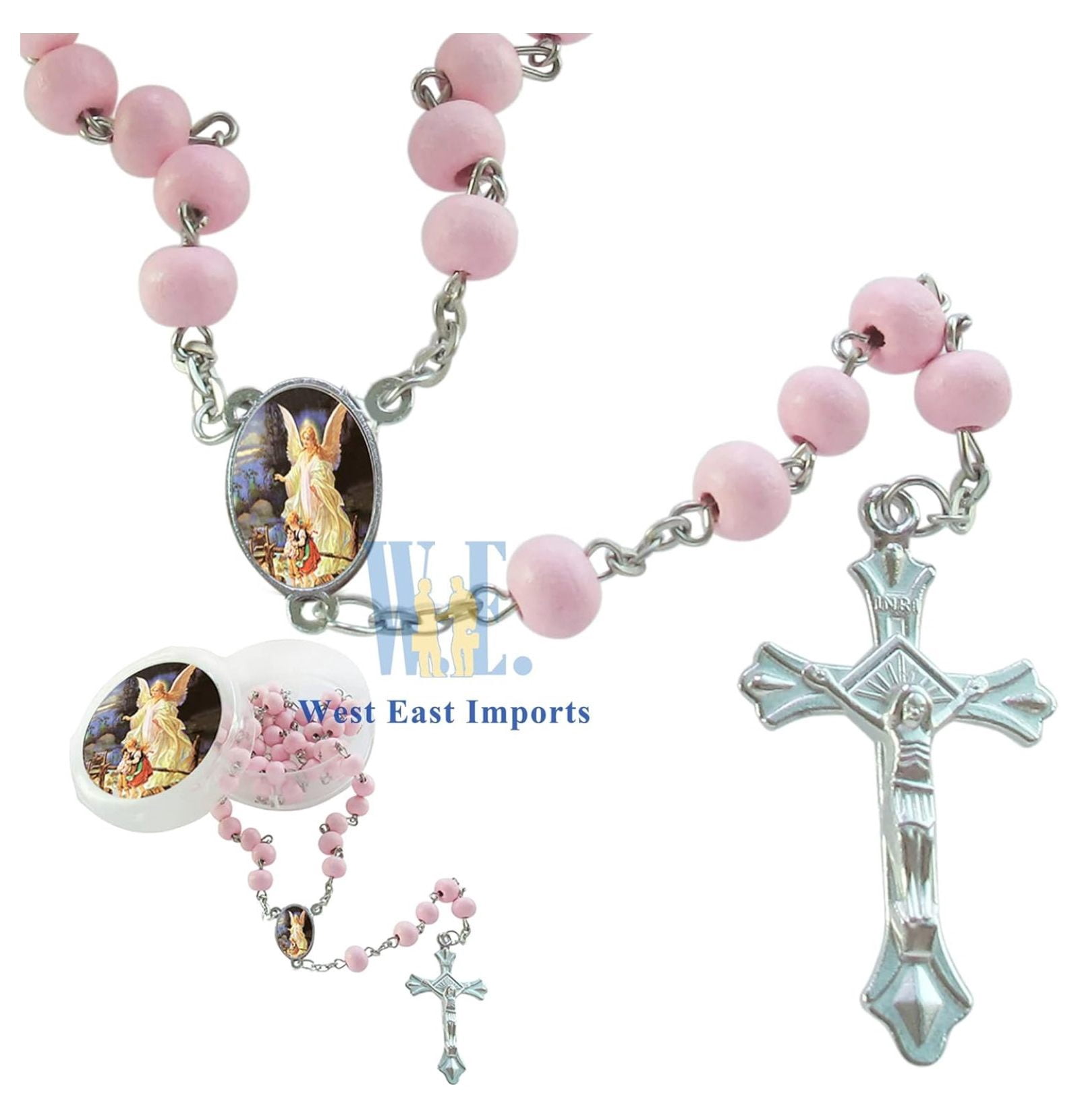 First Communon Baptism Pink Scented Rosary Favor - 12 Angel Rosaries with individual Gift Box and Decorated Pouches