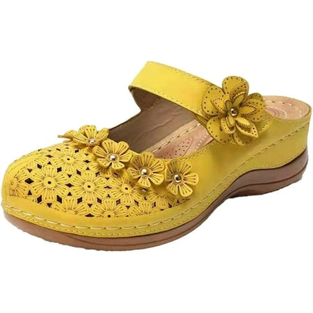 

DabuLiu Women Summer Flat Sandals Mothers Retro Thick Sole Flower Breathable Non-slip Casual Comfortable Outdoor Shoes