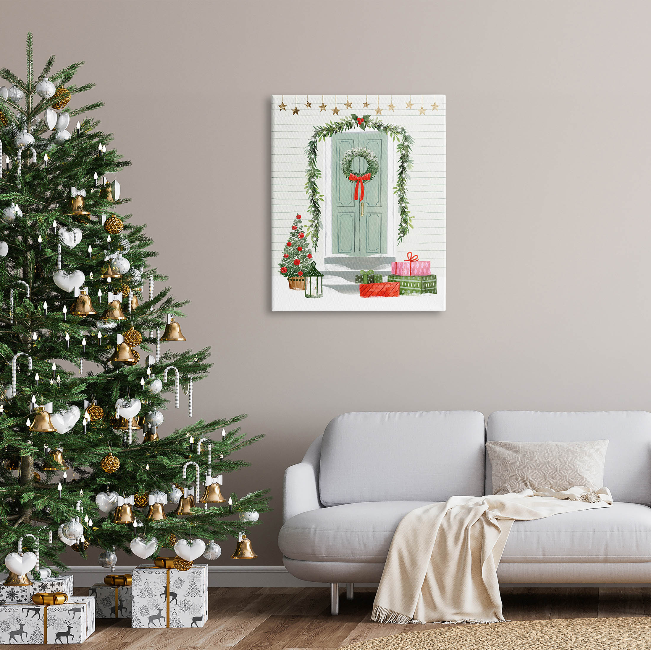 Stupell Industries Christmas Presents Wreath Doorstep Graphic Art Gallery Wrapped Canvas Print Wall Art, Design by Victoria Barnes