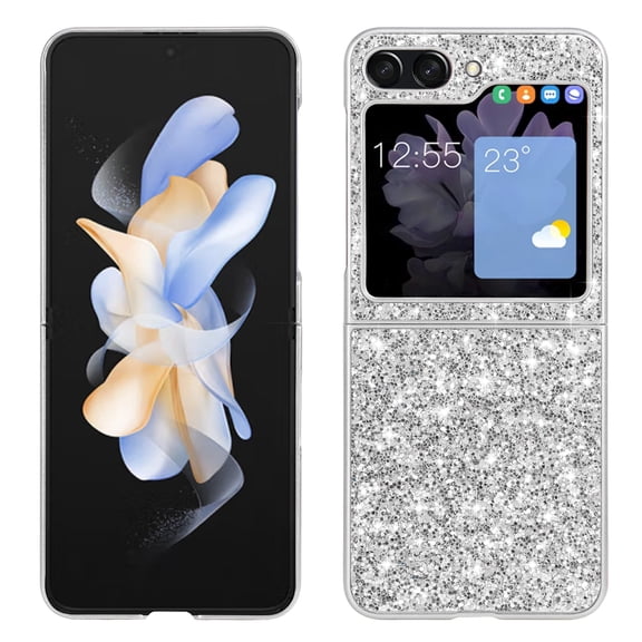 JTCASES for Samsung Galaxy Z Flip5 Case, Glitter Bling Backplane Soft Silicone for Girls Women Shockproof Anti-Slip Protective Cover Compatible with Samsung Galaxy Z Flip5, Silver