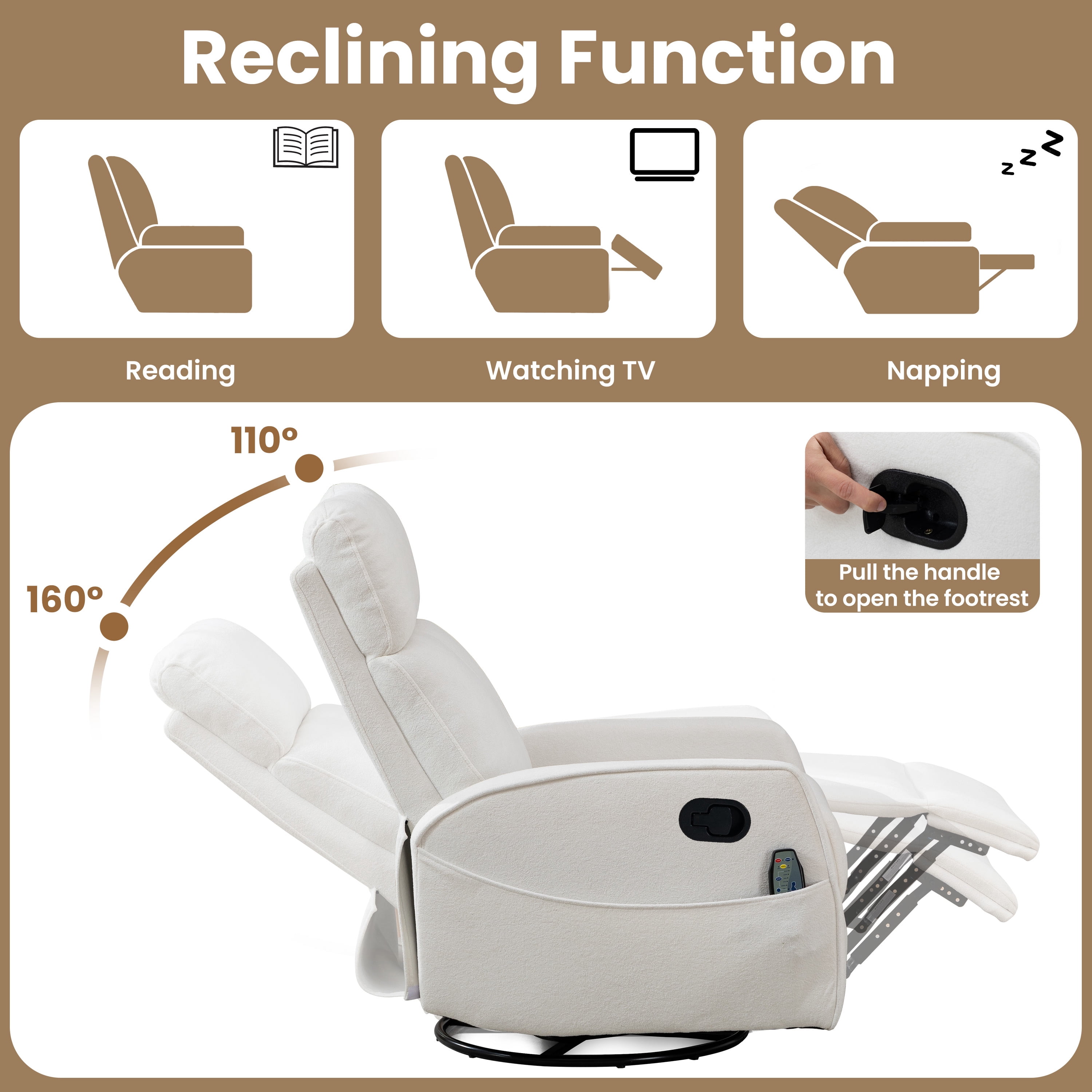 Rocker Recliner with Heat and Massage, LEGAHOME Velvet Upholstered 360° Swivel Rocking Recliner, Small Rocker Recliner with Side Pockets for Small Space, Manual Rocking Chair for Nursery, Beige