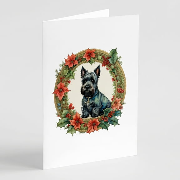 Scottish Terrier Christmas Flowers Greeting Cards Pack of 8 7 in x 5 in