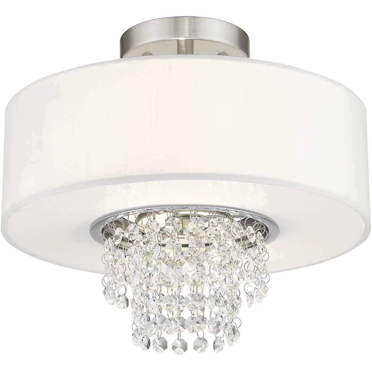 2 Light Brushed Nickel Ceiling Light fixture with Clear Crystals/ Hand Crafted Off-White Fabric Hardback Shade