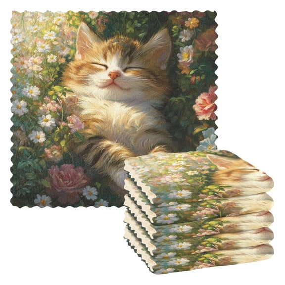 6 Pieces of Kitchen Towels 11x11Inch Kitchen Dish Cloths Kitchen Dish Towels Reuseable Cleaning Cloths Sleeping Cute Cat