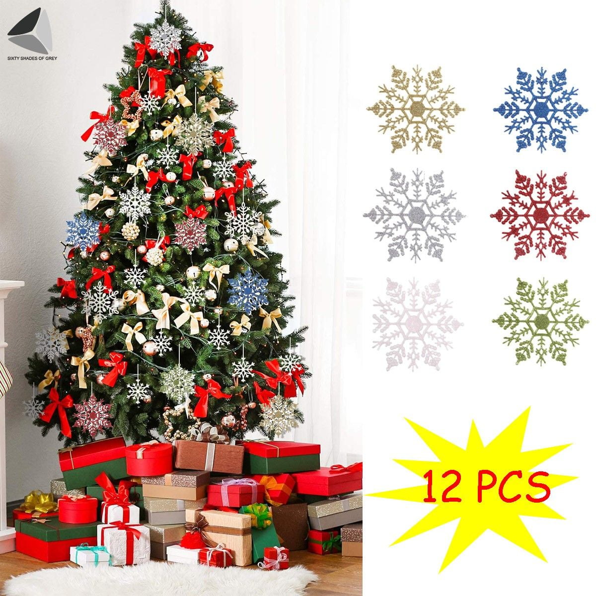 Sixtyshades 60 Pcs Christmas Hanging Snowflake Decorations Winter White  Glitter Snowflake Ornaments for Window Xmas Tree Ceiling (5.9 inch)