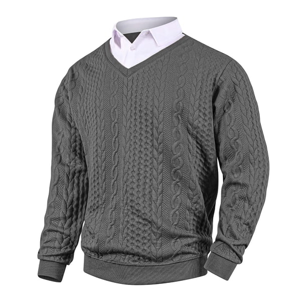 Ceisia Men's Regular-Fit Fake Two-Piece Cable-Knit V-Neck Sweater Multi-Solid Gift