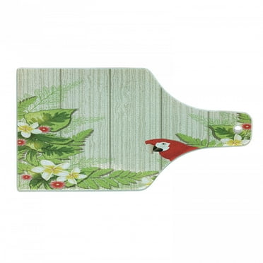 Parrot Cutting Board, Tropic Flowers and Parrot in Summer Garden Wooden Wall Ferns Art, Decorative Tempered Glass Cutting and Serving Board, Wine Bottle Shape, Cream Green Red, by Ambesonne