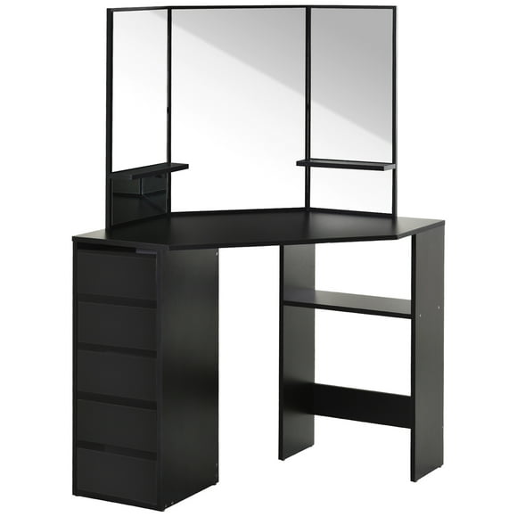 HOMCOM Corner Vanity Table, Makeup Desk with 3-piece Mirror and 5 Drawers