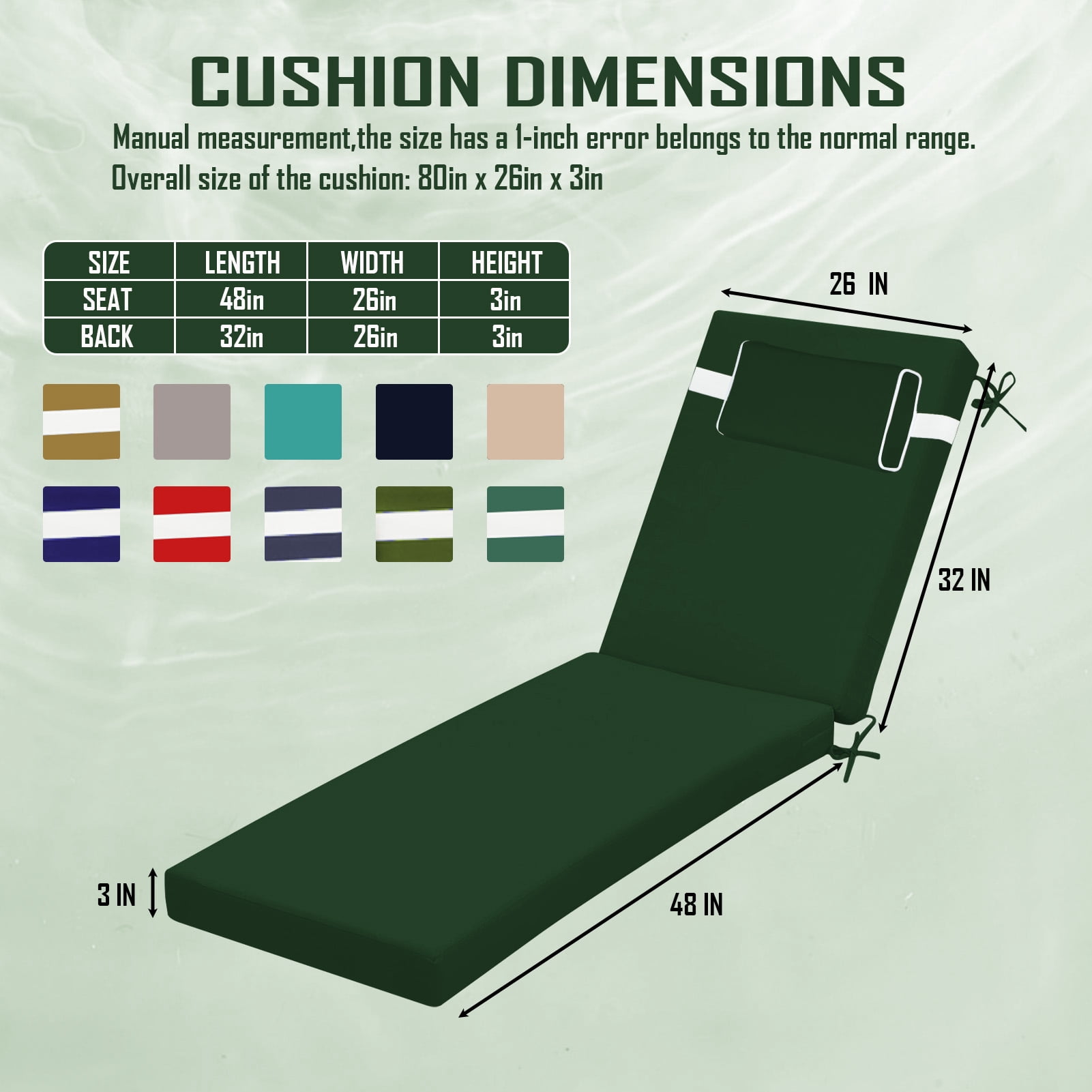 Outdoor Chaise Lounge Cushion with Adjustable Headrest and Straps