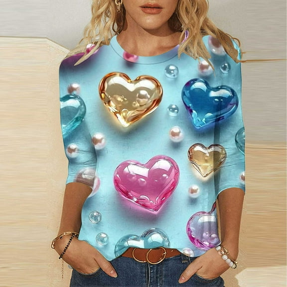 Avrnliq Valentine Womens Light Blue 3D Heart Pearl Bubble Print Top - Crew Neck 3/4 Sleeve Stretchy Polyester Spandex Casual Everyday Blouse (S-XXXL),Size L
