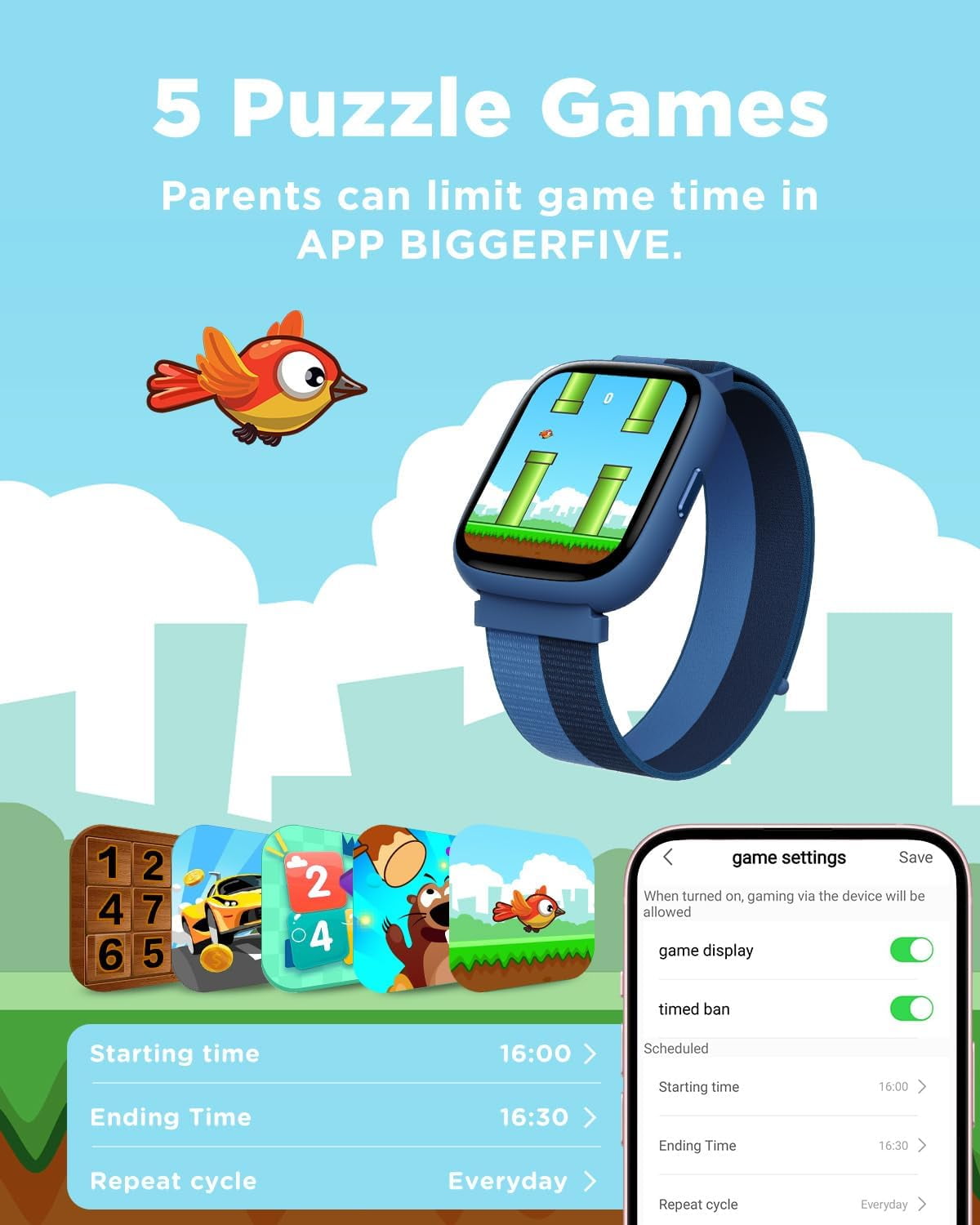 BIGGERFIVE Smart Watch for Kids, 1.8" Fitness Tracker Watch Pedometer, Sleep Monitor, IP68 Waterproof, Calorie Step Counter, Puzzle Game with/Without APP for Girls Teens 5-16,