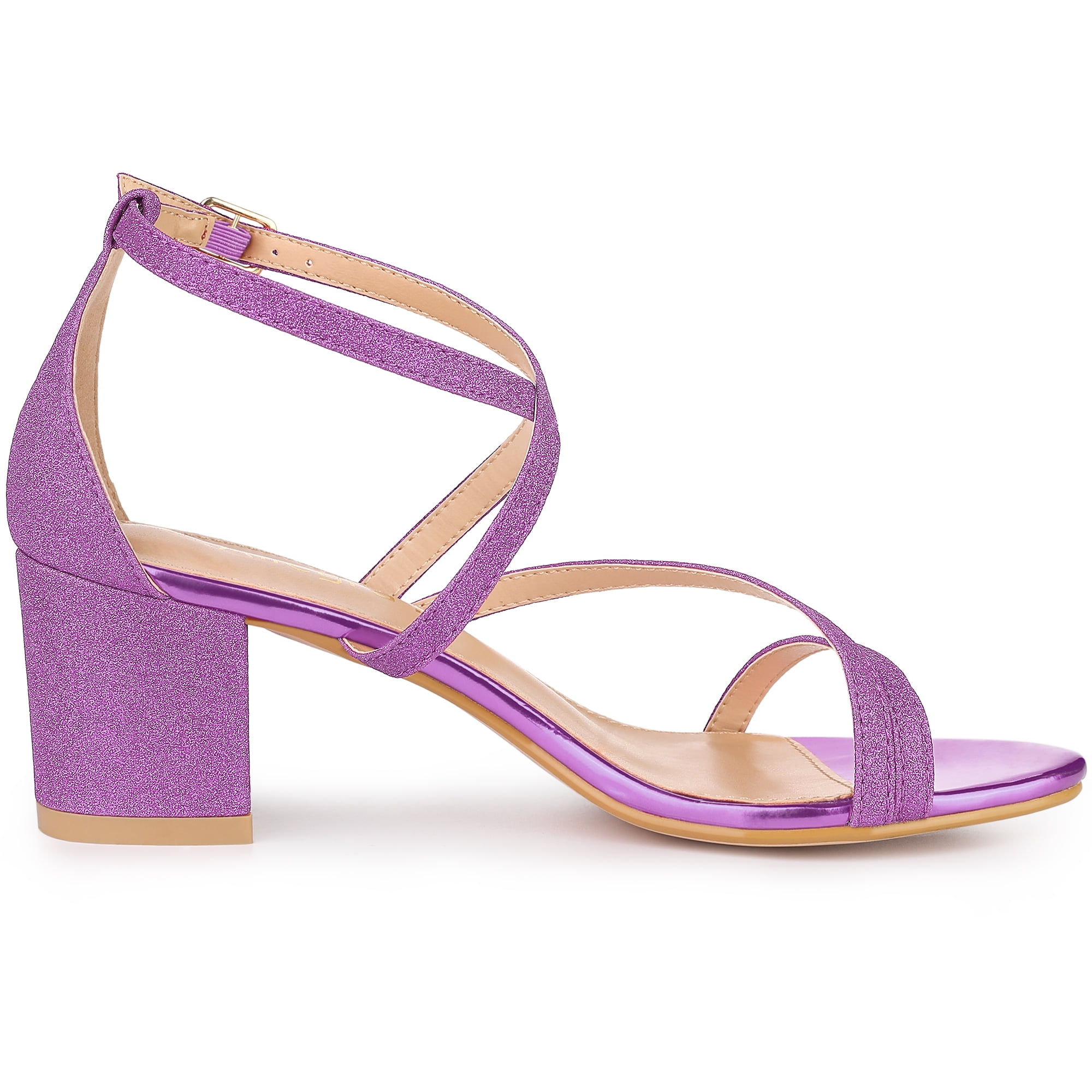 DARING DIVA Women's Glitter Crisscross Strap Chunky Heels Sandals Purple 7