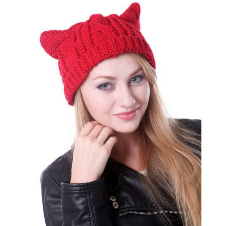 Women's Winter Knit Beanie Cat Ear Cable Braided Ski Hat Cap (Red)