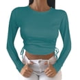 thumbnail image 1 of Gibobby Camisa&nbsp;Vaquera Camiseta umbilical corta de manga larga con cuello redondo y cordón Camiseta de mujer de color sólido a la moda（Verde， XS), 1 of 3