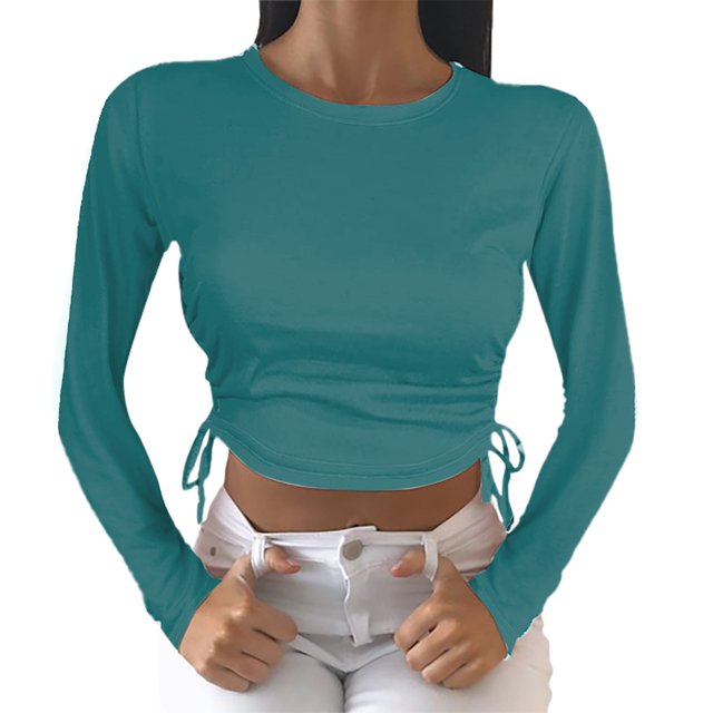 Gibobby Camisa Vaquera Camiseta umbilical corta de manga larga con cuello redondo y cordón Camiseta de mujer de color sólido a la moda(Verde, XS)