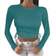 thumbnail image 1 of Gibobby Camisa&nbsp;Vaquera Camiseta umbilical corta de manga larga con cuello redondo y cordón Camiseta de mujer de color sólido a la moda（Verde， L), 1 of 3