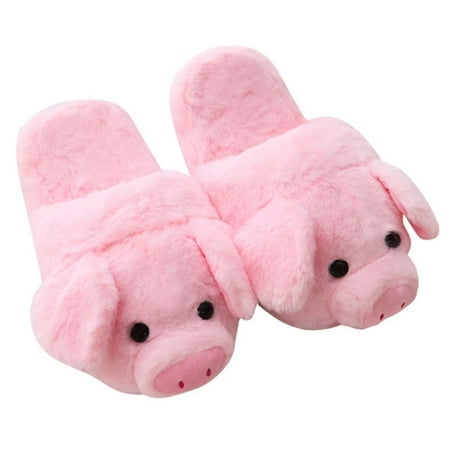 

Womens Winter Cute Pink Little Pig Animal Cartoon Plush Slippers Funny Non-Slip Sole Furry Fluffy Flat Indoor Home Warm Shoes