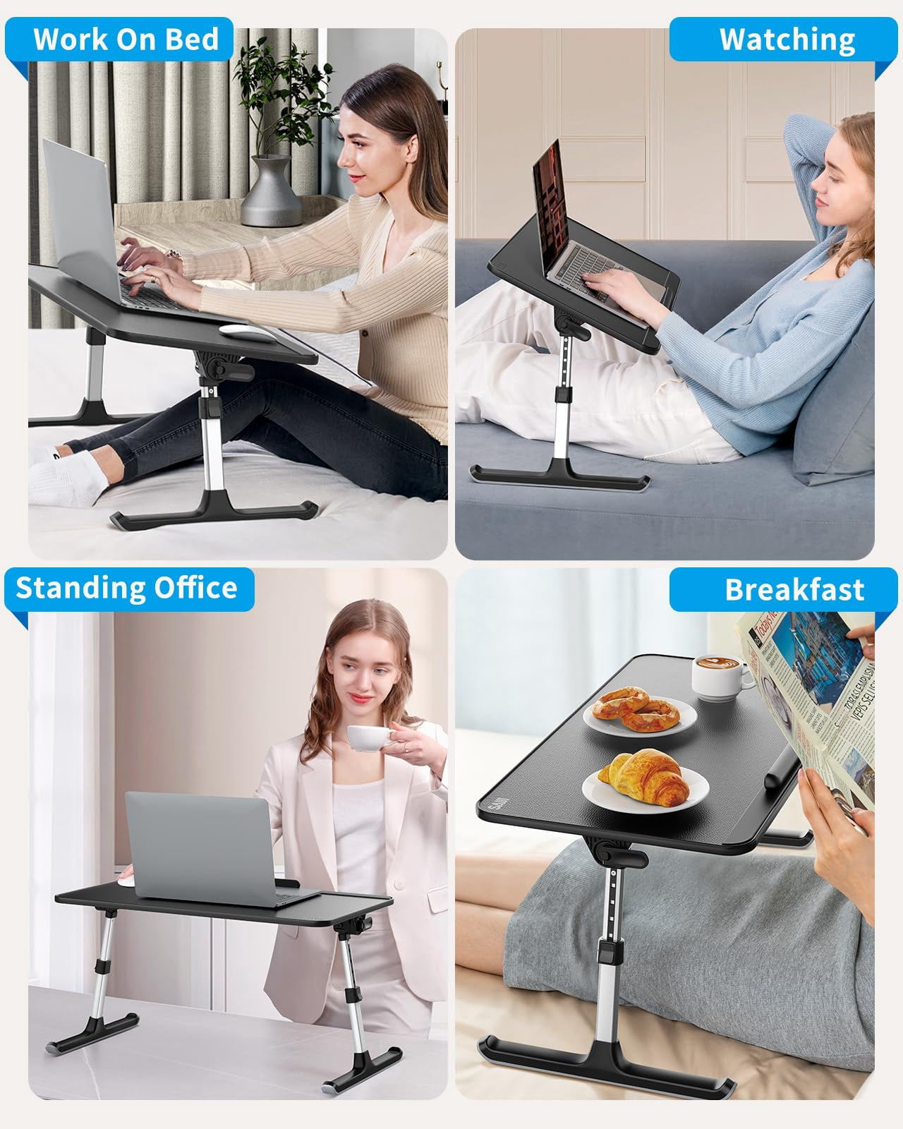 Pu Leather Laptop Bed Tray Table  Adjustable Stand With Removable Stopper Portable Lap Desks Foldable Notebook Breakfast Reading Desk For Sofa Couch(large Black)