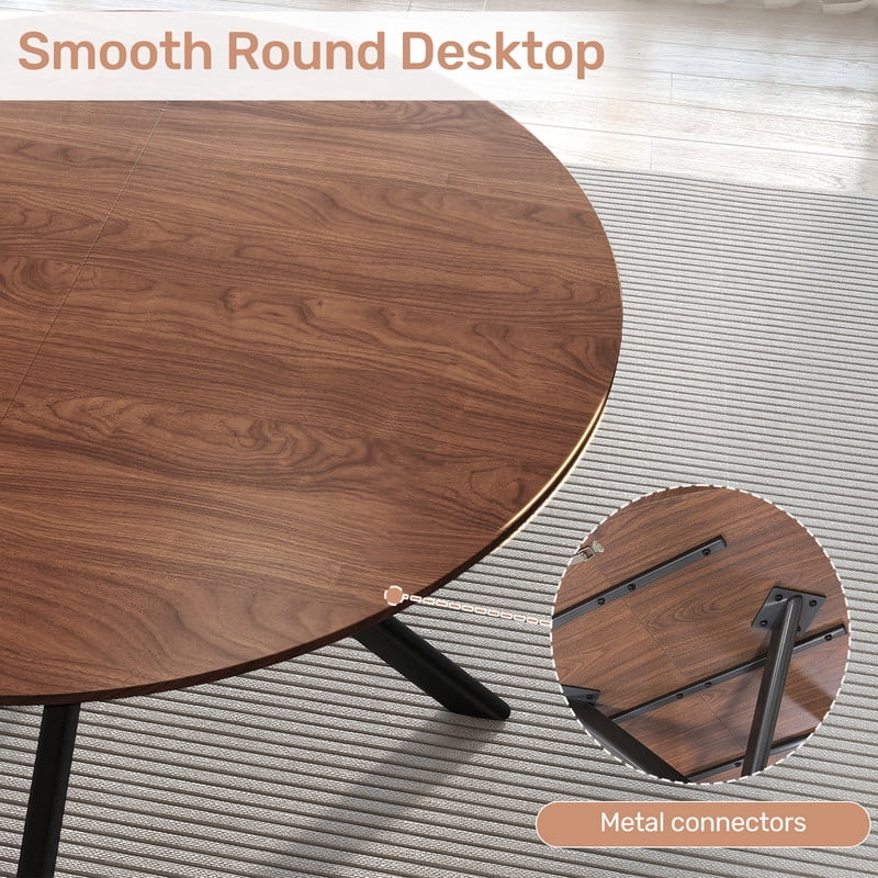 Hawsaiy 47" Round Dining Table for 4-6, Modern Farmhouse Kitchen Table with Metal Legs, Wood Circle Dinner Table for Kitchen & Dining Room, Walnut