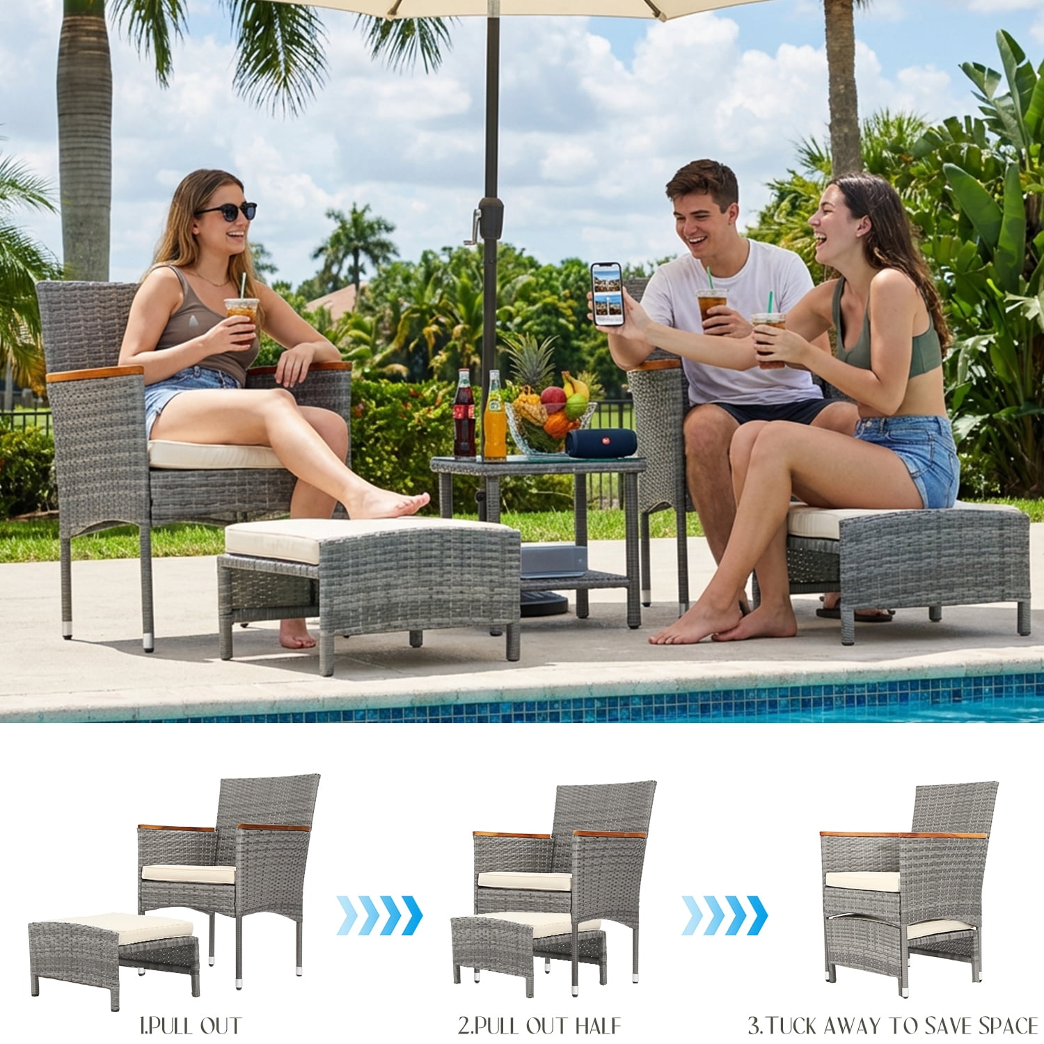 5 Pieces Outdoor Patio Furniture Set with Table&Ottoman Outdoor Furniture Patio Set Bistro Wicker Patio Set (Brown Wicker&Khaki Cushion)