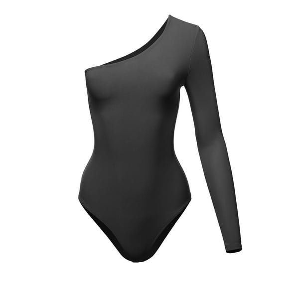FashionOutfit Women's Solid Sexy One shoulder Open Long Sleeve Body-Shaper Bodysuit - Made In USA