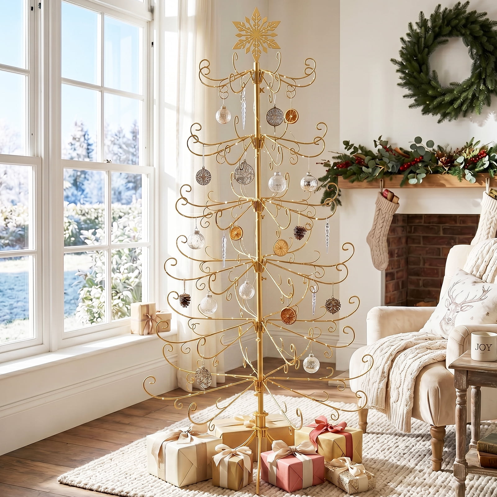 6ft Gold Iron Christmas Tree with Snowflake Top, PVC Everyday Decor Tree (No Accessories Included)