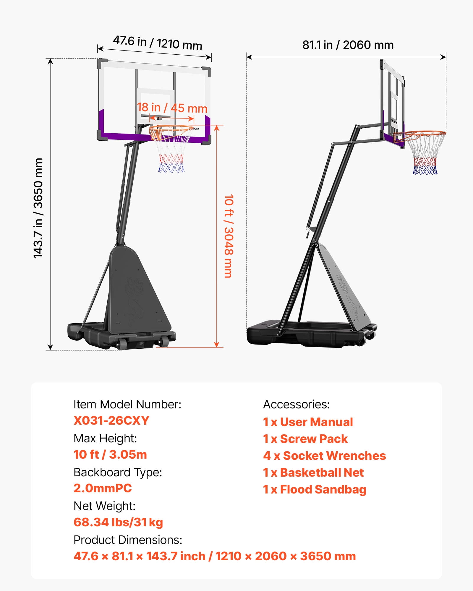 VEVOR Portable Basketball Stand, 10 ft Height Adjustment Basketball Hoop & Goal, Basketballs Hoop Outdoor with 48 inch PC Backboard for Kids, Adults in Schools, Parks, Indoor & Outdoor Use