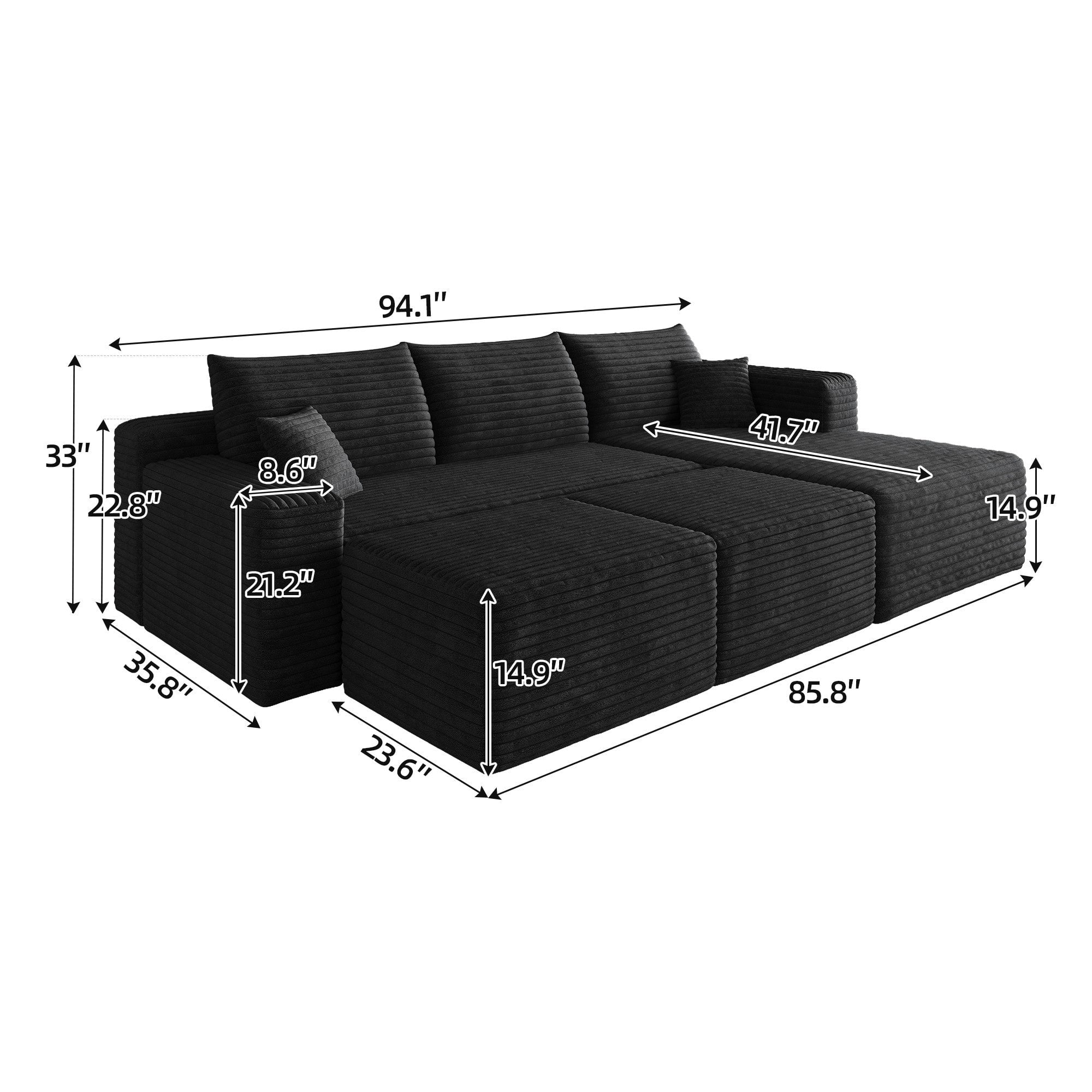 Sailvan 95" Cloud Sectional Sofa with 2 Ottomans,No Assembly Required U-Shaped Modular Couch,Deep Seat Sofa for Living Room Black