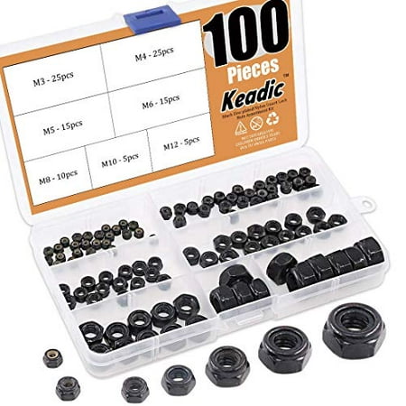 

Keadic 100 Pieces Metric Black Zinc Plated Nylon Insert Lock Nuts Assortment Kit for Matching Screws or Bolts - 7 Sizes：M3 M4 M5 M6 M8 M10 M12