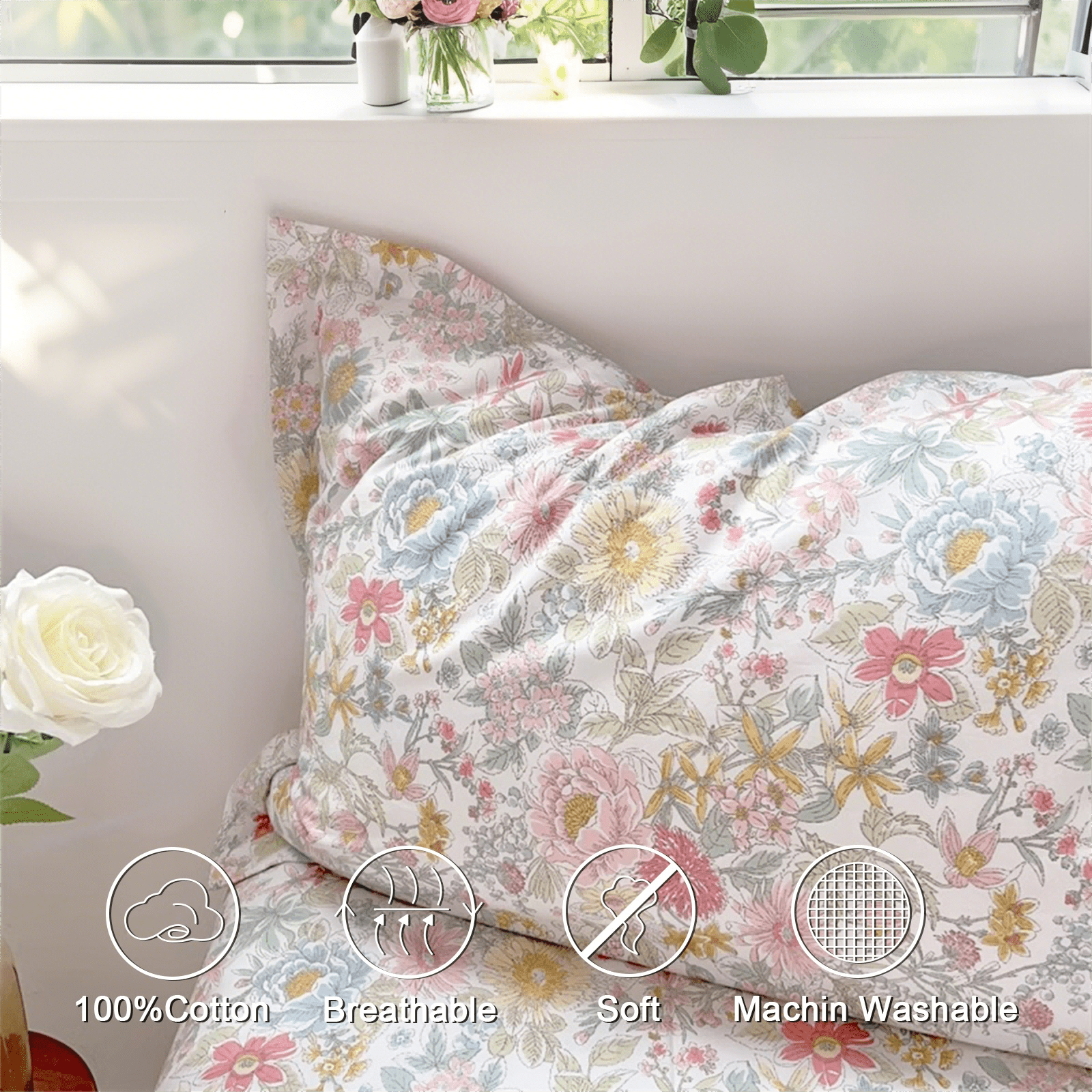 JOLUSERE 100% Organic Cotton Duvet Cover Sets King Size, 3 Pieces Colorful Pink Floral Reversible Soft Bedding Sets
